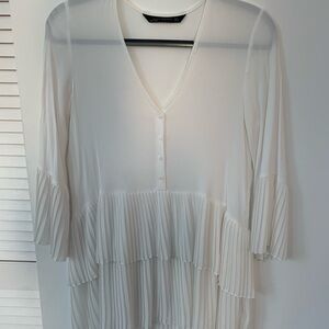 Zara White Pleated Blouse with 3/4 Sleeves